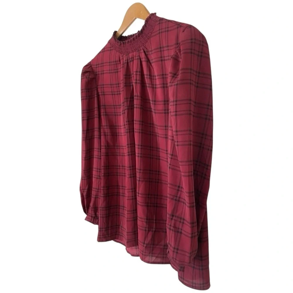 Melloday Red Black Plaid Smocked Neck Puff Sleeve Blouse Top 2X